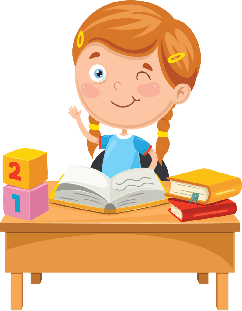 ilustracja dziewczynka siedzi przy biurku